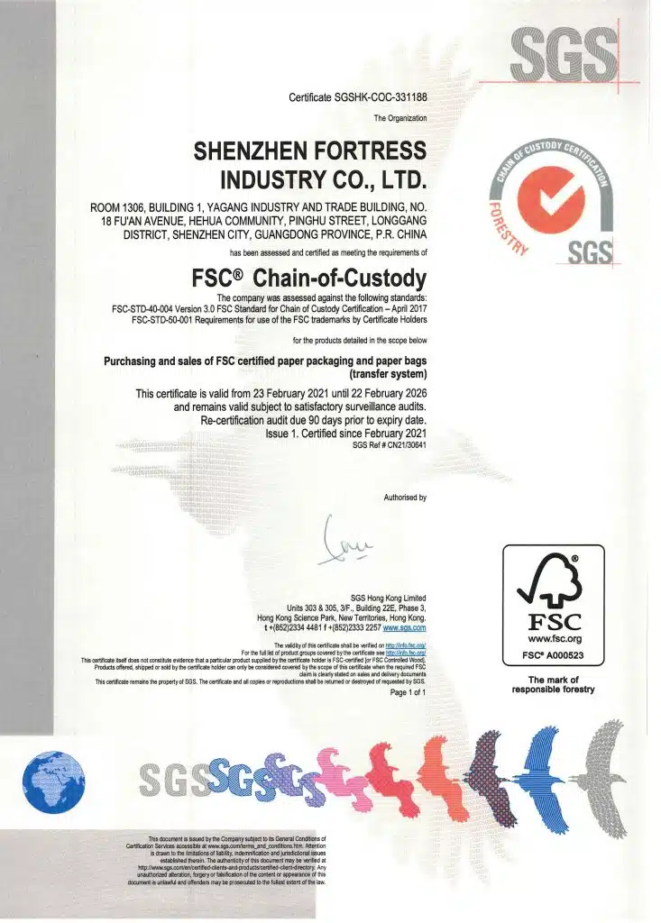 szfortress-com-Fortress-Industry-FSC Chain-of-Custody認証紙パッケージと紙袋